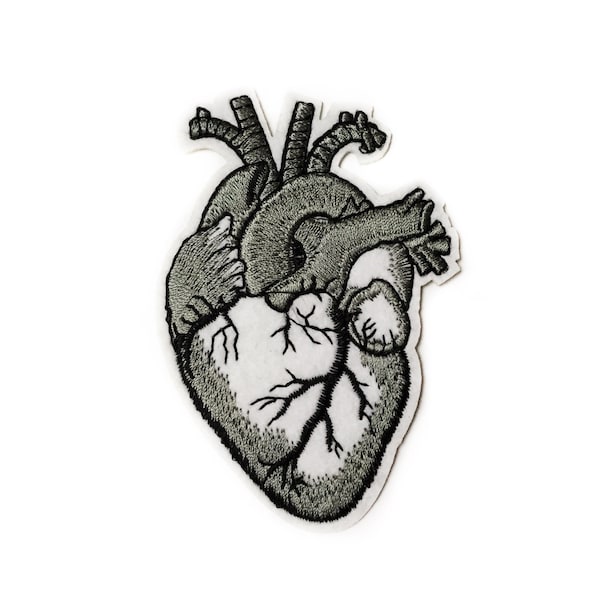 Gray Anatomical Heart Patch 6cm x 9.5cm - Iron On Badge Grey Heart Patches Embroidered Black and White Realistic Heart Badges