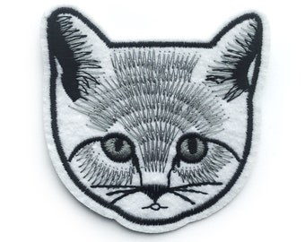 Grey Cat Face Patch Iron on Embroidered Cat Appliqué - Cute Patches Animal Cat Lover Gift - 7cm x 6.6cm