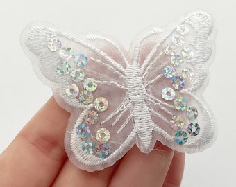 See Through White Butterfly Patch with Sequins - White Iron on Butterflies - Embroidery DIY Badge Transparent Butterfly - 7.4cm x 5cm