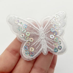 See Through White Butterfly Patch with Sequins - White Iron on Butterflies - Embroidery DIY Badge Transparent Butterfly - 7.4cm x 5cm
