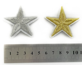 Petites étoiles argentées et dorées avec contour blanc - Badges étoiles brodés avec fer sur le dos - 4,5 cm