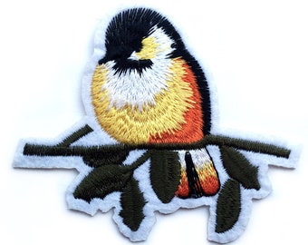 Parche termoadhesivo de pájaro de jardín - Bordado de pájaro negro y amarillo - 8 cm x 7,2 cm