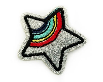 Rainbow Silver Glitter Star Patch Iron on - approx 4.7cm