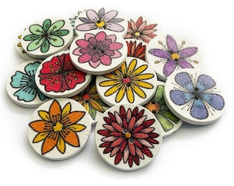 10+ Bunte Blumen Knopf-Mix - 3 Größen von 15mm, 20mm und 25mm - Leichte weiße Knöpfe mit Blumenmuster - Bastelbedarf