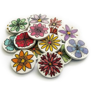 10+ Colorful Flower Button Mix - 3 Sizes of 15mm, 20mm and 25mm - Lightweight White Buttons with Flower Design - Craft Supplies