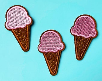 3 x Pink Ice Cream Patch - Holiday Vacation Patches - Seaside Badge - Cute Pink Patches for Kids - Food Applique Iron on for Hats Set