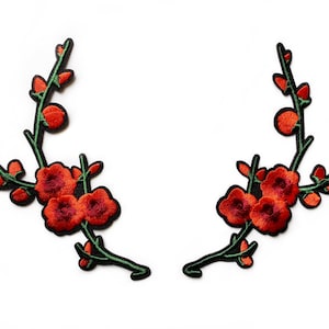 2 rote Blume Aufnäher Set Blumen Patches rote Blüte Patch Aufbügler Blume Gestickte Patch Blume Wildtier Aufnäher