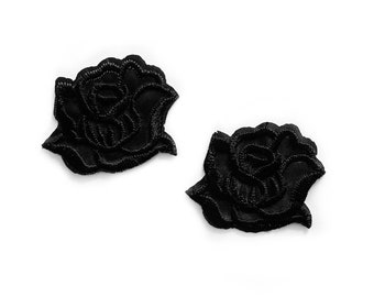 2 Small Black Rose Patches DIY Little Black Flower Iron On Badge for Jacket Patch Flowers Floral Embroidered Rose - 4.2cm x 3.2cm