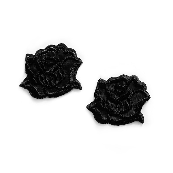 2 Small Black Rose Patches DIY Little Black Flower Iron On Badge for Jacket Patch Flowers Floral Embroidered Rose - 4.2cm x 3.2cm