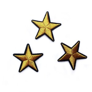 3 Gold Star Patch Set - Metallic Star Badges - Embroidered Shiny Patches for Denim Jackets - approx 5cm width