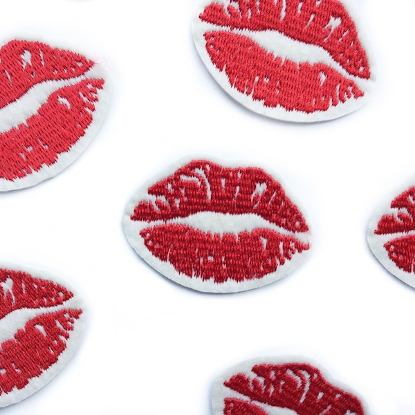 Lipstick Iron on Patch - Small Cute Patches - Kiss Badge Embroidered-  Kisses Patches - 5.3cm x 4cm