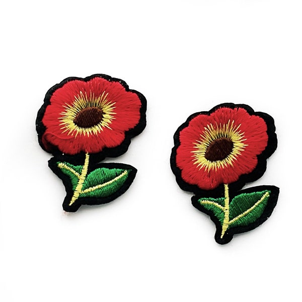 2 x Patch Flower Red - Pair of Two Iron on Applique Flower - Multiple Sets Option