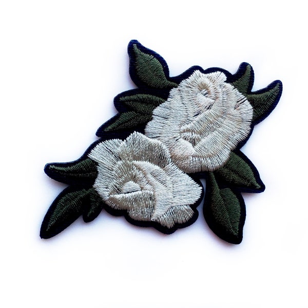 Gray Beige Rose Patch Iron On Patch - Jacket Floral Patches - Beige Tinted Grey Rose Embroidered Flower Applique - 7.5 cm x 6.2 cm