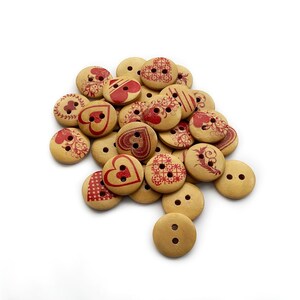 12+ Red Heart Wood Buttons - Mixed Set - 15mm