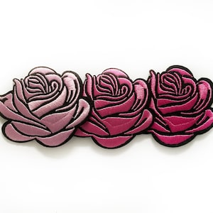 3 Pink Rose Iron on Badges Set of Pink Flower Patches for Denim Jeans