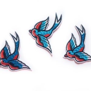 Blue Swallow Iron-On Patch: Rockabilly Retro Bird Badge
