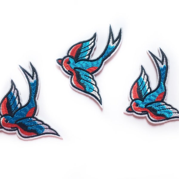 1+ Swallow Patch - Iron On Blue Bird Patches - Rockabilly Patch - Retro Blue Swallow Badges - 3.5cm x 5.8cm