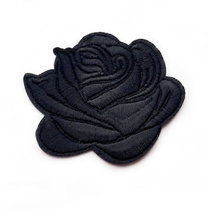 Black Rose Badge -  Craft Supplies - Goth Flower Patches Iron On Jacket Patch - Floral Grunge Embroidered Badge - approx. 7.5cm x 6cm