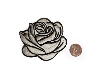 Gray Rose Badge - Goth Patches - Embroidered Grey Flower Iron On - Patches for Jackets - 7.5cm x 6cm