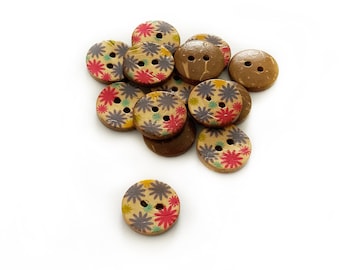 12+ Botones de 15 mm con diseño de flores - Hechos de cáscara de coco - Botones para coser y tejer - Materiales naturales