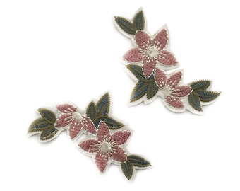 2 Dusky Rose Blossom Patches - Iron on Flower Patch Pair of Flowers - Floral Embroidered Badges - 6.5cm x 4.1cm