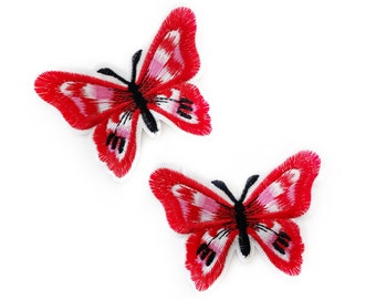 Set of 2 Red Butterfly Patches - 6cm x 8cm -  Iron On Patch Ironon Butterflies Red Badge