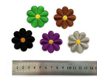 Small Flower Patch Applique with Yellow Centre - Purple , Brown , Black , Green and Grey Daisy Flower Iron on Embroidered Badges - 4cm round