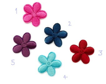 Small Flowers 3cm with 5 petals Iron on Floral Badges in Fushia, Turquoise, Navy, Red  Mauve