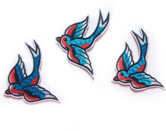 Blue Swallow Iron-On Patch: Rockabilly Retro Bird Badge