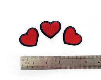 3 Red Heart Applique Set - With Black Outline Loveheart Patches Stick on with Iron - Set of Red Heart Badges - Triple Hearts