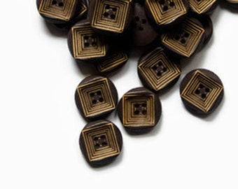 12 Buttons Wooden 15mm - Round Buttons with Square Design - Small Buttons - Geometric Design Buttons - Wood Button - Wooden Brown Round