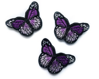 Set of 3 Purple Butterfly Iron On Embroidered Patches - Small Butterflies Purple - 4.5cm x 3cm