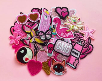 10+ Pink Patches Set - Surprise Mix of Pink Badges - Cute Pink Iron on Patch - Girly Patches - Best Gift Birthday Gift for Kids 10,15 or 20