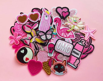 10pcs Pink Patch Bundle  - Surprise Mixed Set of Pink Badge Set-  Cute Iron on Patch Girly Patches Bundle Birthday Gift for Kids 10,15 or 20