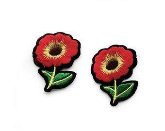 2 x Patch Flower Red - Pair of Two Iron on Applique Flower - Multiple Sets Option
