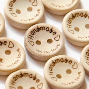 Made with Love Buttons 15mm or 20mm - Wooden Buttons With Text Craft Packaging Handmade Crafted with Love Sewing Button