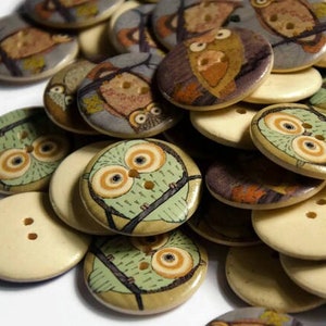 8 Owl Buttons 25mm Wooden Buttons Cute Forest Animal DIY Autumn Craft Supplies Sewing Embellishments 1 Inch Round Bird Buttons image 2