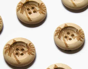 10 Natural Buttons - 25mm Wood Buttons 4 Holes - Tropical Palm Tree Buttons Chunky Buttons Beige