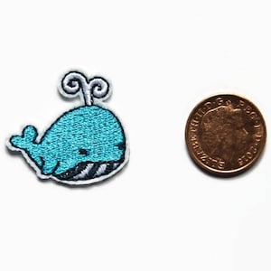 Small Patches - Tiny Blue Whale Iron On Patch - Micro Embroidery Patch - Sea Animal Badges Embroidered