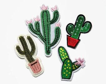 4 Cactus Iron On Patches Set - DIY Secret Santa Gift for Her -  Cactus Set of Patches Iron On - Succulent Patch - Applique Flowers