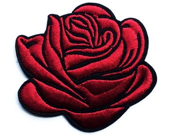 Red Rose Badge - Jeans Red Flower Iron On Patches - Floral Patch Red Rose - Grunge Patches - Embroidered DIY Clothes - 7.5cm x 6cm