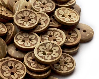 12-96 Coconut Shell Buttons 15mm - Flower Buttons Brown Natural Button Wooden