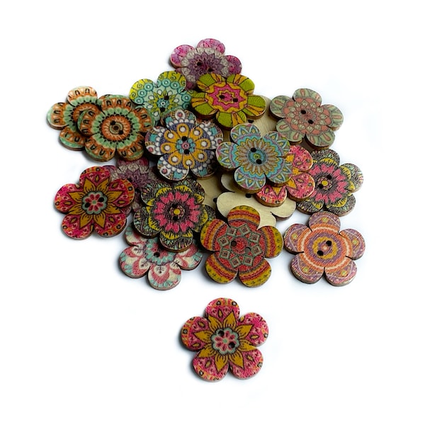 6+ Flower Shaped Buttons - Flat Back Wood Button Rose Patterned Flower Scrapbooking