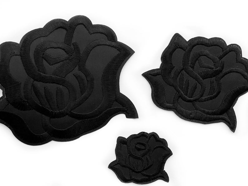 1 Black Rose Patch in the UK 3 Sizes Goth Patch Black Flower Ironon Grunge Patches Embroidered Black Rose Dimensions in Description image 2