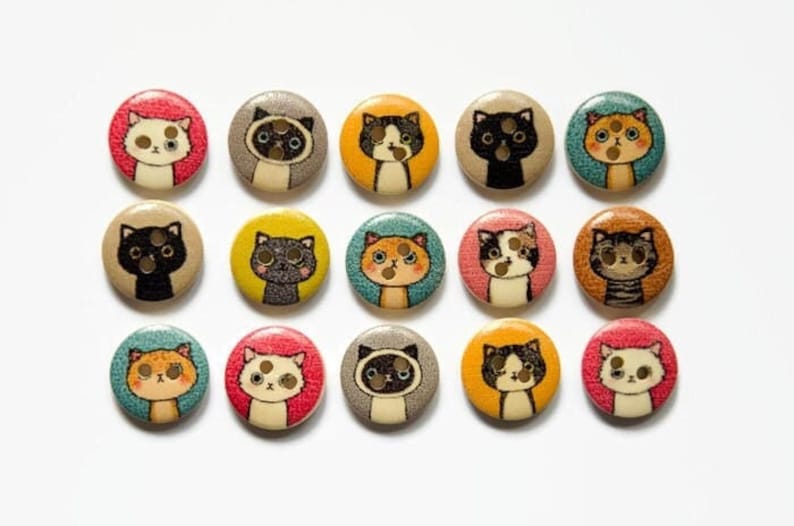 12 Cat Buttons Kitty Kittens Wooden Buttons DIY Sewing Crafts Supplies Best Gift Sell Cute Cat Gift Stocking Stuffer 15mm, 3/5 image 1