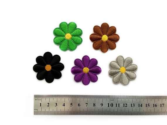 Small Flower Patch Applique With Yellow Centre Purple , Brown , Black ,  Green and Grey Daisy Flower Iron on Embroidered Badges 4cm Round 