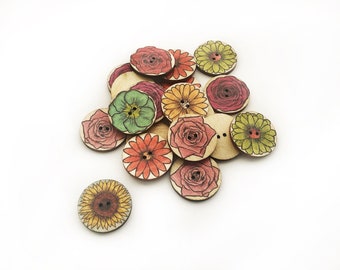 12+ Flower Buttons 1 Inch 25mm - Flat Wood Button Rose Daisy Flower Scrapbooking