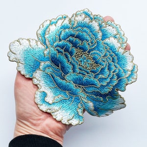Large Flower Patch Blue Turquoise - SEW ON Embroidered Flower in Blue and Gold - Floral Applique - Patch for Jackets - Gift for Nature Lover