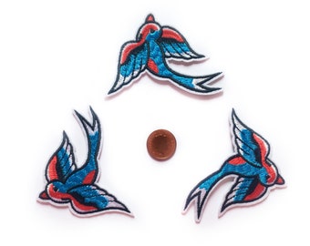 3 Swallow Patch Set - Iron On Bird Patches - Rockabilly Patch - Retro Blue Birds Applique Embroidered