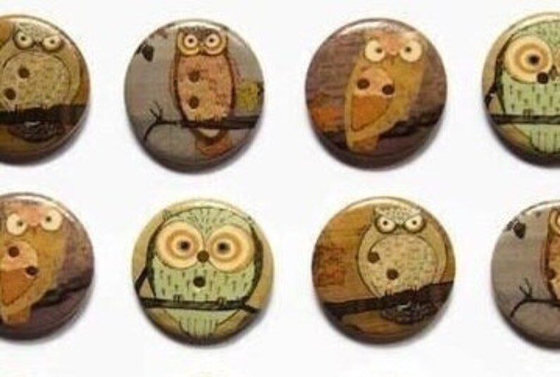 8 Owl Buttons 25mm Wooden Buttons Cute Forest Animal DIY Autumn Craft Supplies Sewing Embellishments 1 Inch Round Bird Buttons image 1